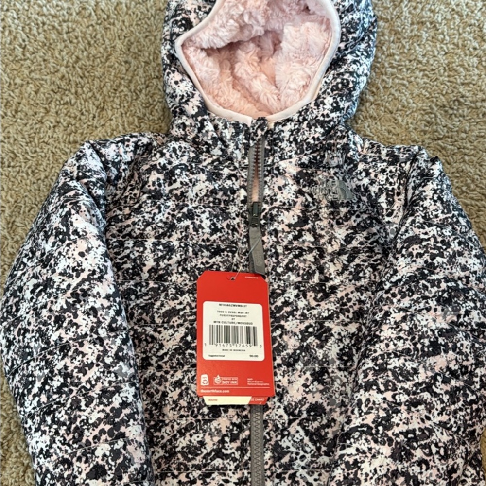 The North Face Kids Black and Pink Patterned Puffer Jacket 3T